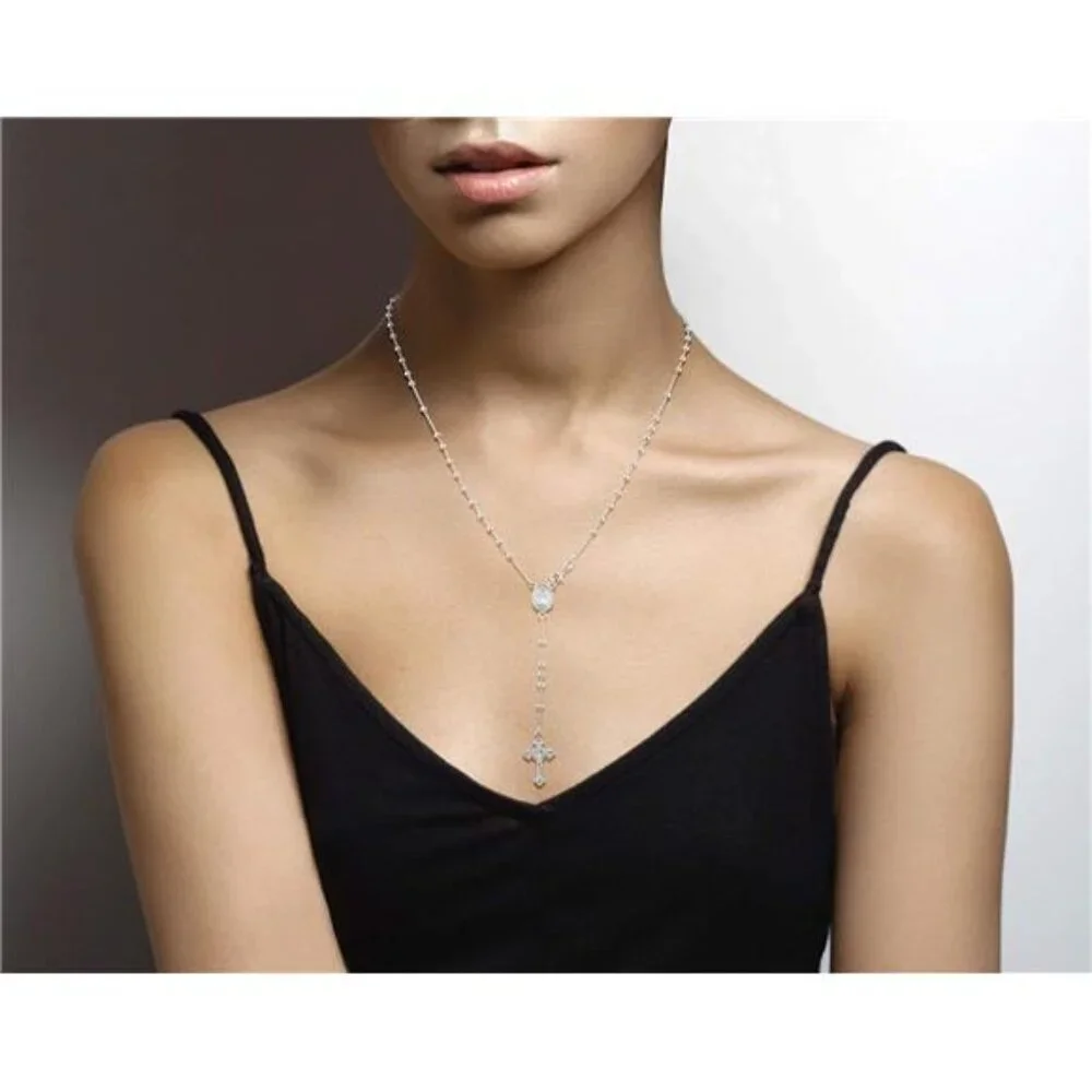 925 Sterling Silver Italian Rosary Bead Cross Y Necklace Chain for Women - Picture 2 of 4